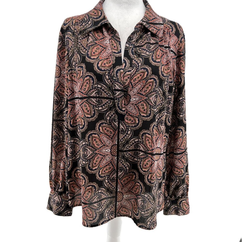 💼Tommy Hilfiger Paisley  Top  Size L  Classic & Chic black  Navy Coral pink